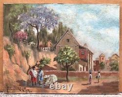 Tableau Ancien Huile Paysage Maisons Personnages Ambroise Rakoto Madagascar