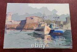 Tableau Ancien Huile Paysage Marin Bateaux Port Impressionniste XXème
