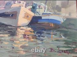 Tableau Ancien Huile Paysage Marin Bateaux Port Impressionniste XXème