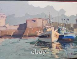 Tableau Ancien Huile Paysage Marin Bateaux Port Impressionniste XXème