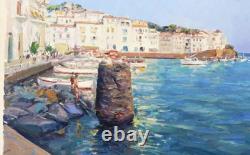 Tableau Ancien Huile Paysage Marin Ville Bord de Mer Impressionniste XXème