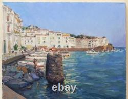 Tableau Ancien Huile Paysage Marin Ville Bord de Mer Impressionniste XXème