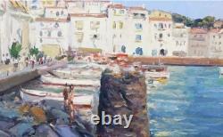 Tableau Ancien Huile Paysage Marin Ville Bord de Mer Impressionniste XXème