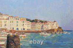 Tableau Ancien Huile Paysage Marin Ville Bord de Mer Impressionniste XXème