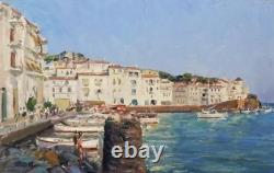 Tableau Ancien Huile Paysage Marin Ville Bord de Mer Impressionniste XXème