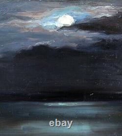 Tableau Ancien Huile Paysage Mer Crépuscule Ciel Nuit Lune Josey PILLON 1902