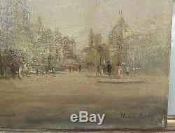 Tableau Ancien Huile Paysage PARIS Place Saint Michel c. 1900 Signé à identifier