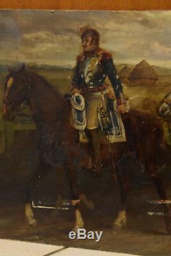 Tableau Ancien Huile Paysage Soldat Napoléonien Retour Campagne Chevaux XIXe