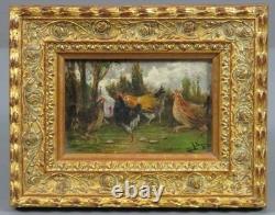 Tableau Ancien Huile Portrait Animalier Poulets Impressionniste début XXème