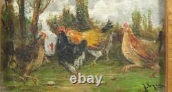 Tableau Ancien Huile Portrait Animalier Poulets Impressionniste début XXème