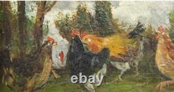 Tableau Ancien Huile Portrait Animalier Poulets Impressionniste début XXème