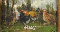 Tableau Ancien Huile Portrait Animalier Poulets Impressionniste début XXème