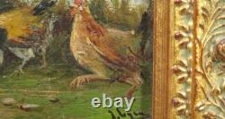 Tableau Ancien Huile Portrait Animalier Poulets Impressionniste début XXème