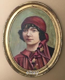 Tableau Ancien Huile Portrait Femme Brune Mode Cape Coiffe Rouge Cadre Ovale 20s