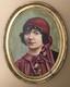 Tableau Ancien Huile Portrait Femme Brune Mode Cape Coiffe Rouge Cadre Ovale 20s