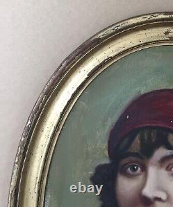 Tableau Ancien Huile Portrait Femme Brune Mode Cape Coiffe Rouge Cadre Ovale 20s