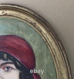 Tableau Ancien Huile Portrait Femme Brune Mode Cape Coiffe Rouge Cadre Ovale 20s