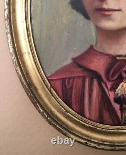 Tableau Ancien Huile Portrait Femme Brune Mode Cape Coiffe Rouge Cadre Ovale 20s