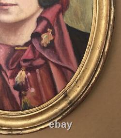 Tableau Ancien Huile Portrait Femme Brune Mode Cape Coiffe Rouge Cadre Ovale 20s
