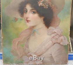 Tableau Ancien Huile Portrait Femme Chapeau Fleurs Signé J. MOUNIER Art Nouveau
