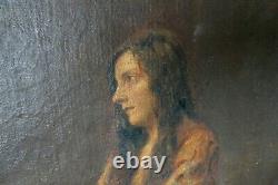 Tableau Ancien Huile Portrait Femme Paysage signé à restaurer 73 x 60 cms