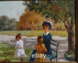 Tableau Ancien Huile Portrait Femme et fillettes dans le parc XXème