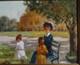 Tableau Ancien Huile Portrait Femme et fillettes dans le parc XX&egrave;me