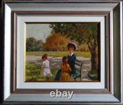 Tableau Ancien Huile Portrait Femme et fillettes dans le parc XXème
