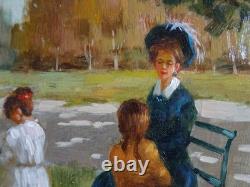 Tableau Ancien Huile Portrait Femme et fillettes dans le parc XXème