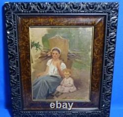 Tableau Ancien Huile Portrait Femme et petite fille Impressionniste XXème