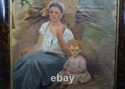 Tableau Ancien Huile Portrait Femme et petite fille Impressionniste XXème