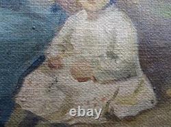 Tableau Ancien Huile Portrait Femme et petite fille Impressionniste XXème