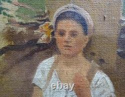 Tableau Ancien Huile Portrait Femme et petite fille Impressionniste XXème