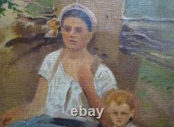 Tableau Ancien Huile Portrait Femme et petite fille Impressionniste XXème