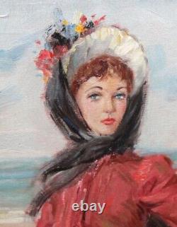 Tableau Ancien Huile Portrait Femme sur la plage Impressionnisme XXème