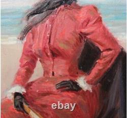 Tableau Ancien Huile Portrait Femme sur la plage Impressionnisme XXème