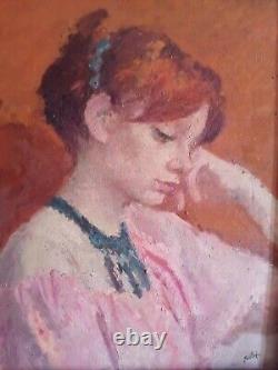 Tableau Ancien Huile Portrait Jeune Femme Impressionniste XXème