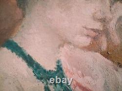 Tableau Ancien Huile Portrait Jeune Femme Impressionniste XXème