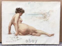 Tableau Ancien Huile Portrait Nu Féminin Sable Plage Antoine Calbet (1860-1942)