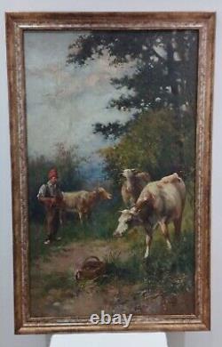 Tableau Ancien Huile Portrait Scène Animalier berger avec des vaches XXeme