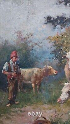 Tableau Ancien Huile Portrait Scène Animalier berger avec des vaches XXeme