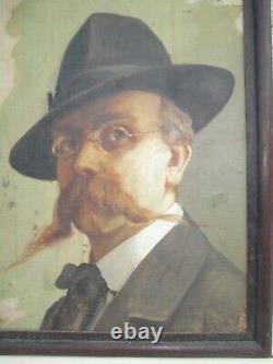 Tableau Ancien Huile Portrait d'Homme Moustachu au Chapeau Fin XIXe à identifier