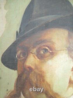 Tableau Ancien Huile Portrait d'Homme Moustachu au Chapeau Fin XIXe à identifier