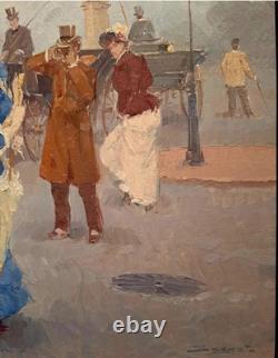 Tableau Ancien Huile Portrait de Femme, scène de rue Impressionniste XXème