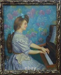 Tableau Ancien Huile Portrait de Jeune Femme jouant de piano XXème