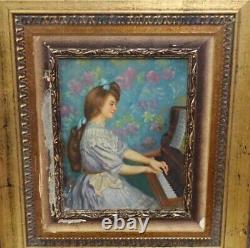 Tableau Ancien Huile Portrait de Jeune Femme jouant de piano XXème