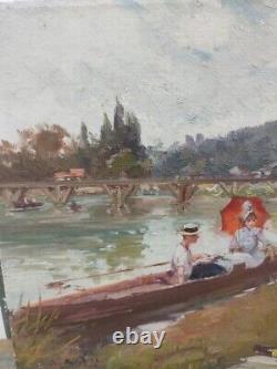 Tableau Ancien Huile Portrait de scene personnages au bord de la rivière XXème