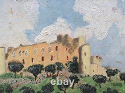 Tableau Ancien Huile Post Impressionniste Paysage Château des Templiers Cadre