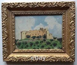 Tableau Ancien Huile Post Impressionniste Paysage Château des Templiers Cadre