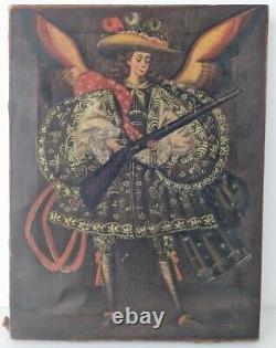 Tableau Ancien Huile Religieux Ange Arquebusier Ecole de Cuzco Pérou XXème